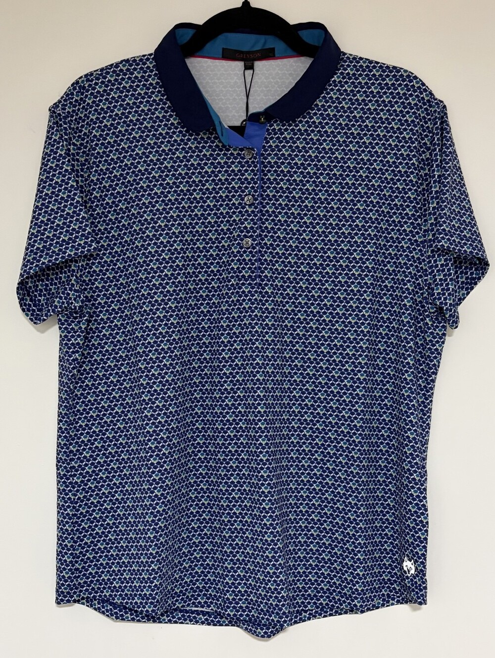 Greyson Women's Blue XL Patterned Polo Shirt with Navy Collar (NWT)